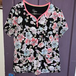 Healing Hands Black Floral Scrub Top with Pink and Blue
